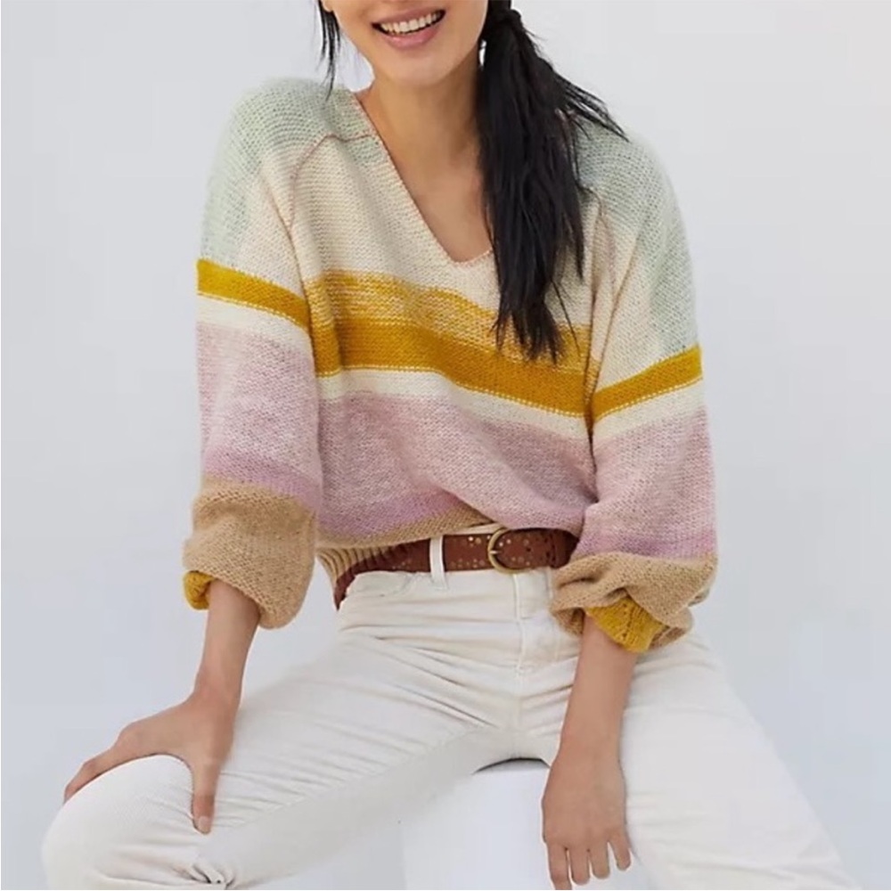 Anthropologie Theia V-Neck Muted Rainbow Sweater Striped large